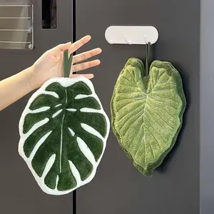 Plant Bamboo Leaf Hanging Hand Towel, Decorative Towels, Creative Thick Absorbent Coral Fleece Bathroom Kitchen Home Use, Ca Prop 65 Compliant