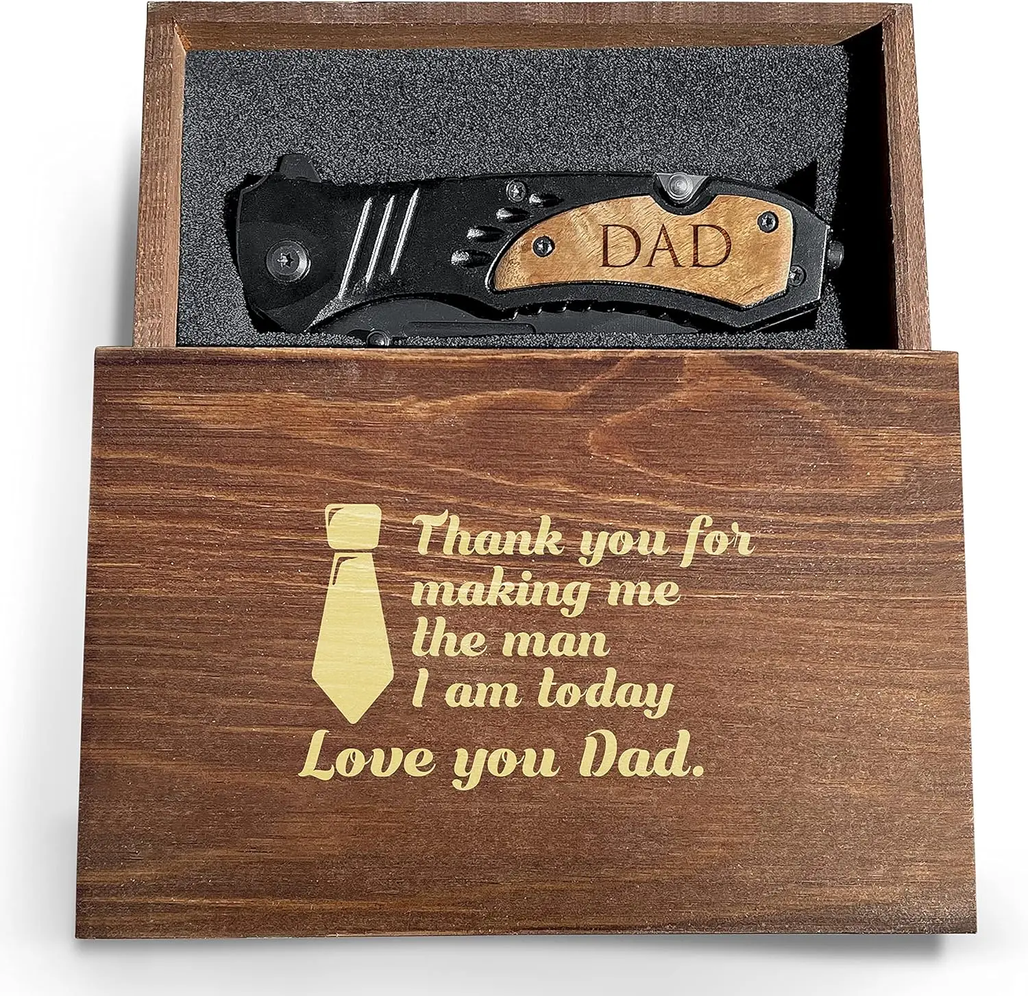 Premium Laser Engraved Folding Pocket Knife Wooden Handle and Gift Box, Foldable Camping Knife for Dad,