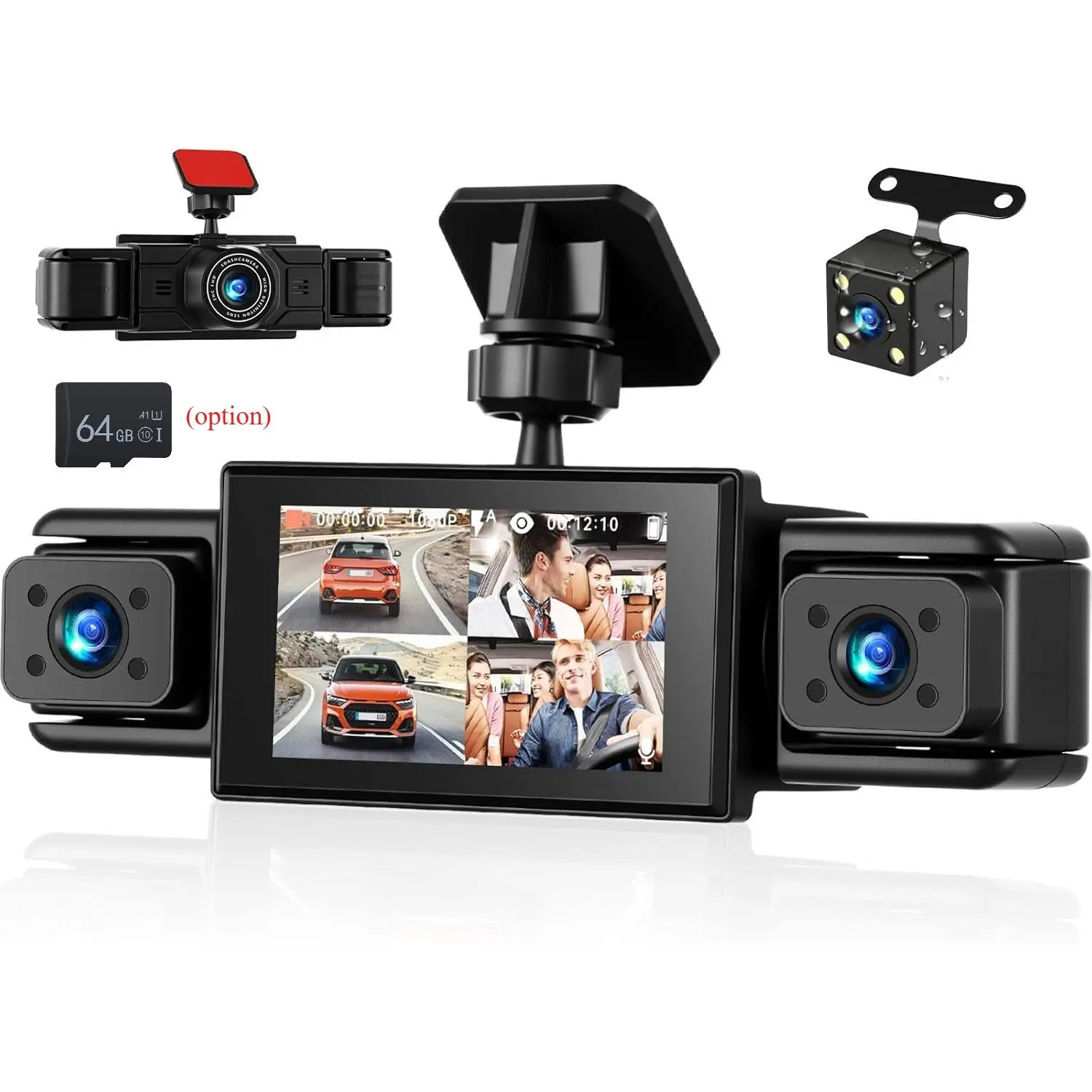 RIMOODY 360° Rotatable 4-Channel Car Dashboard Camera, 1080P Front-Rear-Left-Right Recording Dashcam, 3" IPS Screen, IR Night Vision, Loop Recording, G-Sensor, Parking Assistance, 24H Monitor, Optional 64G TF Card (for Fathers), Automotive Video Recorder,