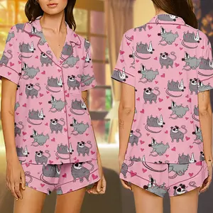 Valentine Cute Possum Short Pajamas Set, Funny Drunks Animal Loungewear For Holiday, Cool Possum With Heart Design, Comfy Sleepwear