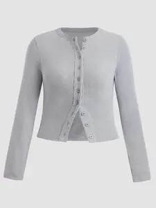 [Plus Size] Solid Color Ribbed Button Front Fitted Cardigan, Casual Long Sleeve Round Neck Knitwear for Spring & Fall, Women's Tops for Daily Wear Womenswear Knitting