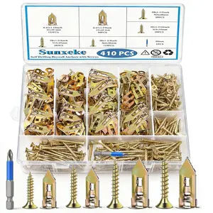 410 PCS Self Drilling Drywall Anchors with Screws Kit 2 Sizes Sheetrock Anchors 4 Sizes Zinc Expansion Screws Upgraded Zinc Plated Steel No Drill Needed Holds Up to 66LB on Walls