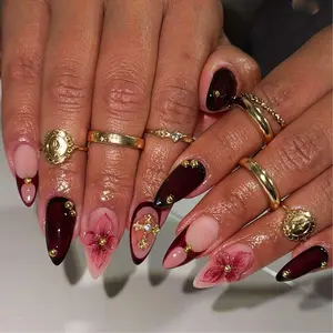 3D Flower Press On Nails with Gold Gem Charms, Medium Almond Summer Style, 24 pcs Fake Nails Kit Set with Glue & File