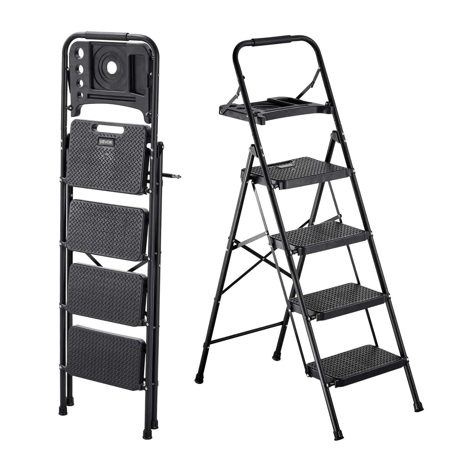 VEVOR 4 Step Ladder, Folding Step Stool with Wide Anti-Slip Pedal, Tool Tray, Comfort Handgrip, 600 lbs Capacity Portable Steel Ladder, Multi-Use for Kitchen, Home, Household and Office, Black, Sturdy Portable Ladder, Step Folding Steps#BacktoSchool