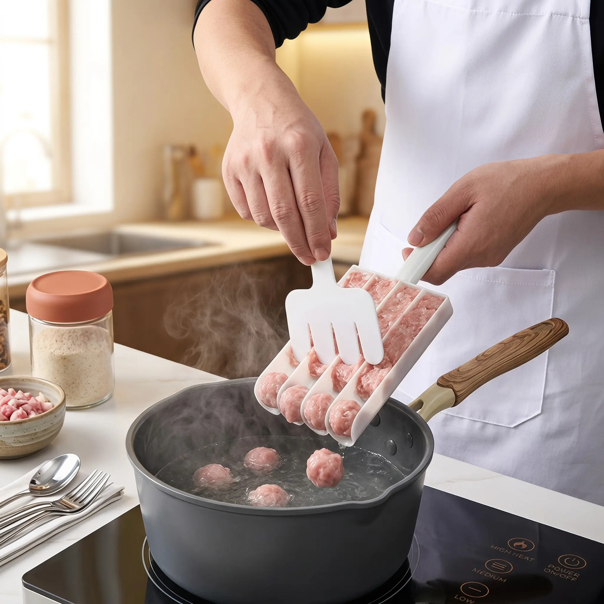 4-Slot Meatball Maker Tool Set - Multi-Grid Meat Ball Mold with Auxiliary Pusher, Hanging Handy Kitchen Gadget for Home Cooking, Uniform Balls Preparation (1 Set)
