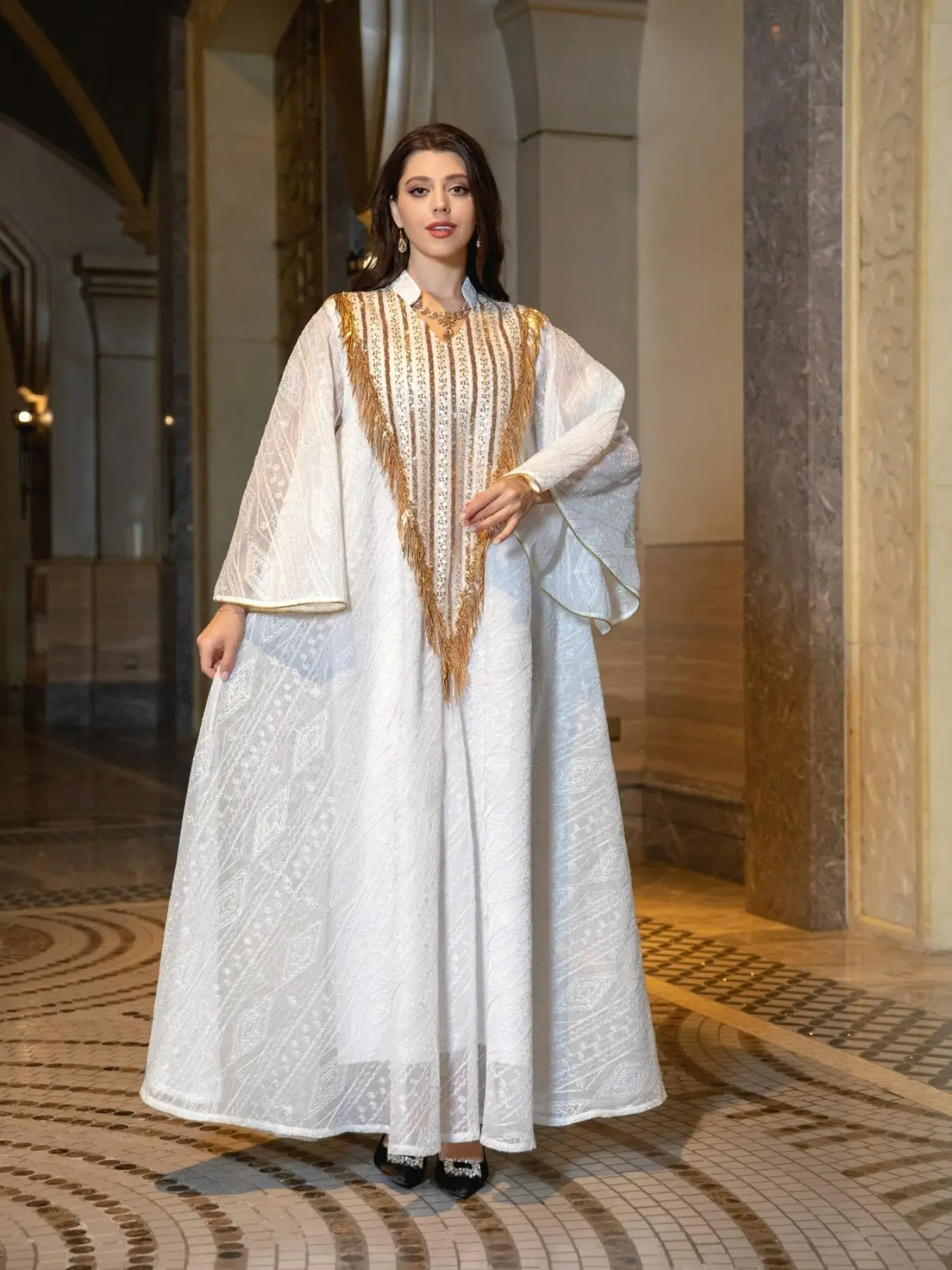 Arabic Clothing-Embroidering Contrast Sequin Fringe Decor Notched Neck Kaftan, Elegant Flounce Sleeve Long Dress for Party Formal Occasions, Women's I