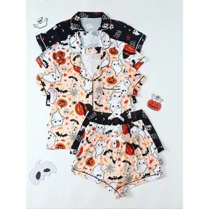 Halloween Women's Pajama Set, Pajamas Lounge Set, Fun Ghost Pumpkin Print, Casual Fitted Short Sleeve Top & Bow Shorts, All Seasons Sleepwear??gift??
