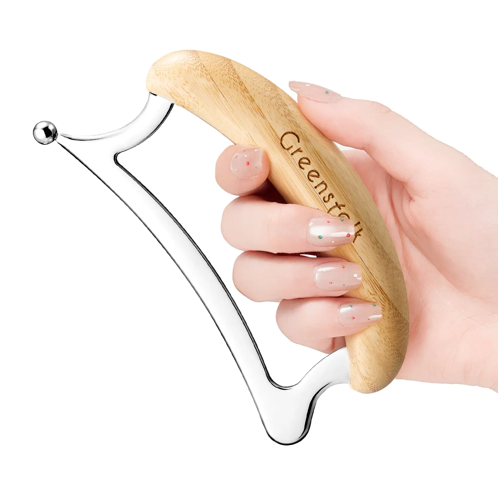Greenstalk Smooth Stainless Steel Gua Sha Tool with Lightweight Wooden Bamboo Handle, Lightweight Fascia Tool for Deep Tissue Muscle Relief, Portable Manual Body Care Scraper, Body Care Tool