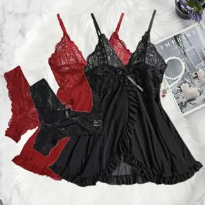 Sexy Lingerie Dress Set, Women'S Floral Lace Ruffled Mesh Semi Sheer Babydoll Sexy Lingerie Set Women   Nightdress Sexy Lace Sleepwear Solid Slim Soft Dresses V Neck Full Slip Sleepwear & Dresses