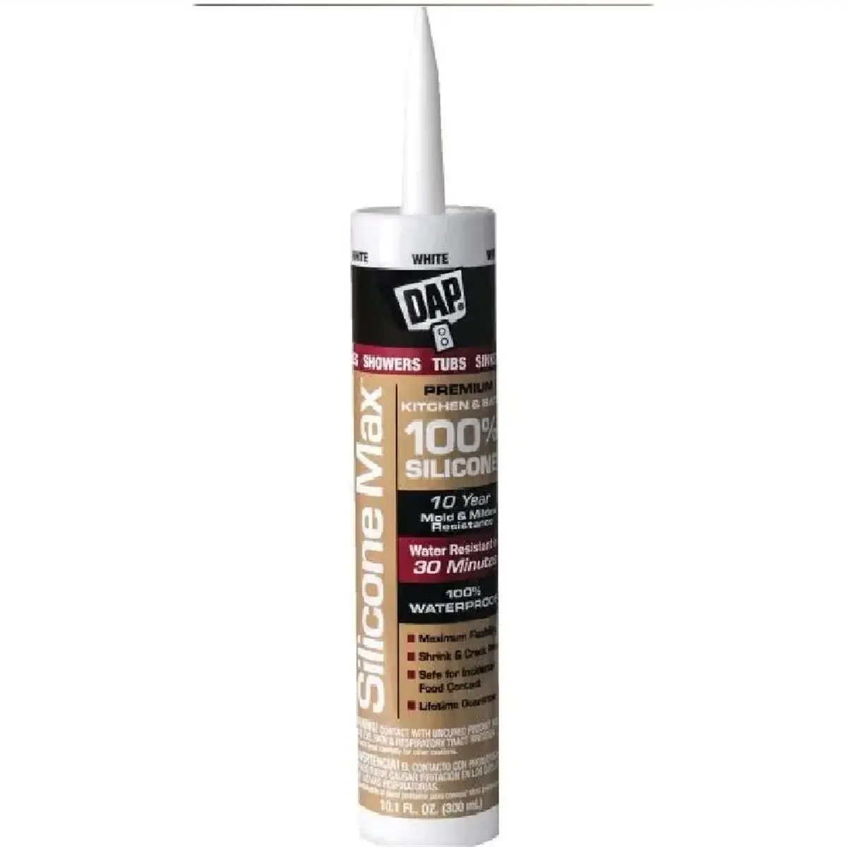 Dap 100% Silicone Kitchen & Bath Sealant, 10.1 oz White, Waterproof, Flexible, Shrink-and-Crack-Proof, 20-Year Mold & Mildew Resistant, Incidental Food Contact Safe, Ideal for Sealing Around Sinks & Sink Seals