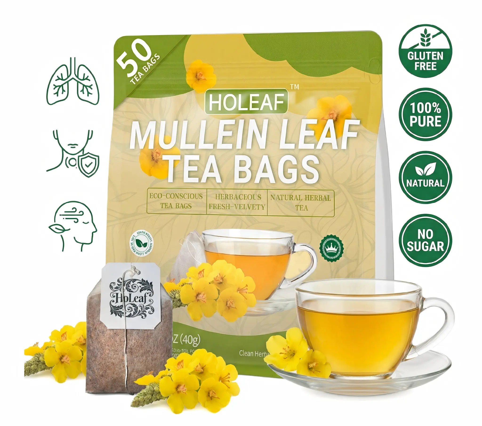 HOLEAF Mullein Leaf Tea Bags - Nature, Sugar-Free, Caffeine-Free, Vegetarian Herbal Tea for Adults, Lung Cleanse Detox, Respiratory & Mucus Relief, Earthy Natural Beverage (50 Bags)