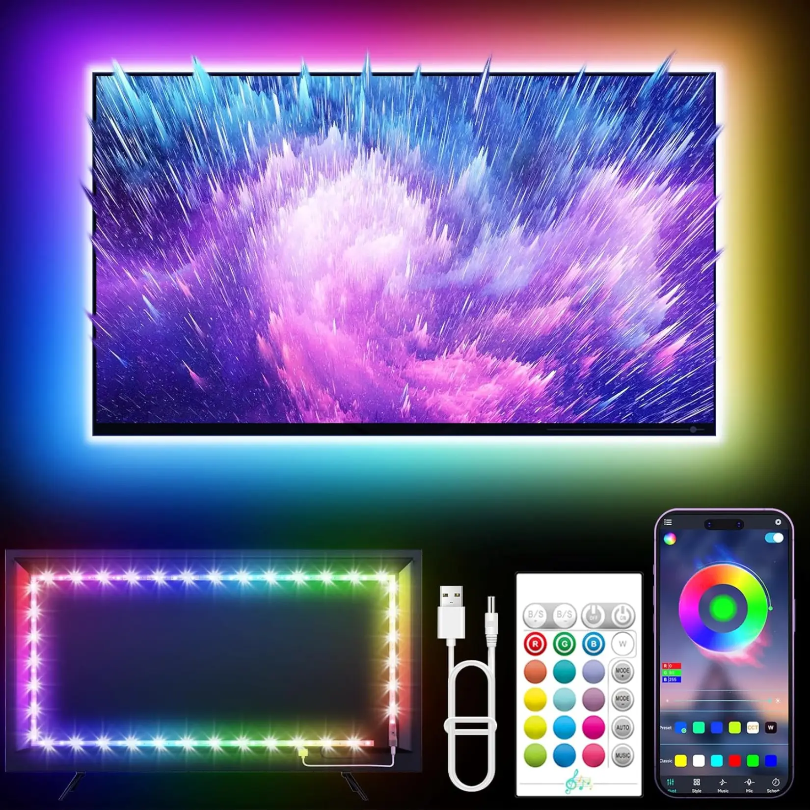 LED Lights for TV, 16.4ft LED Lights for 45-75 Inch TVs, RGB TV Backlight Behind, Music Sync Bluetooth APP & Remote Control Strip Lights USB