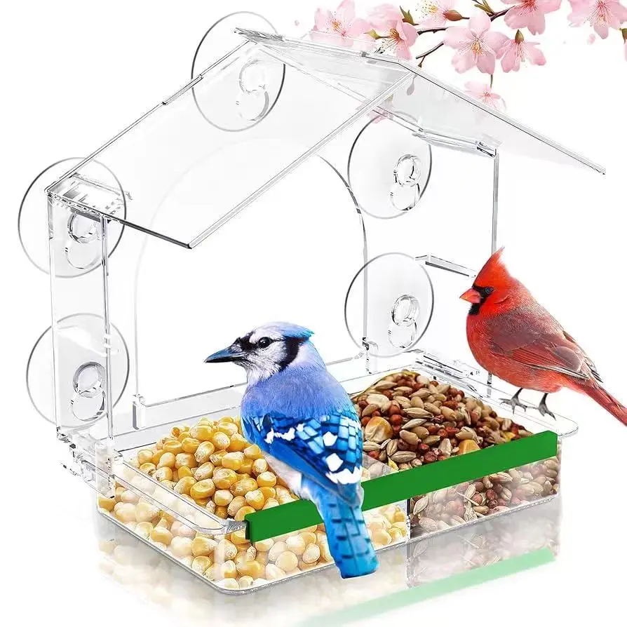 Transparent window bird feeder with 5 powerful suction cups, detachable feeding tray, outdoor wild bird window viewing, easy-to-clean birdhouse, weatherproof garden decoration, gifts for bird lovers and cats.