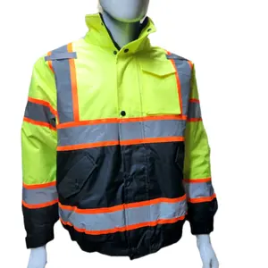 High Visibility Water Resistant Yellow Bomber Safety Jacket with Hoodie / Reflective Safety Sherpa Insulated Jacket