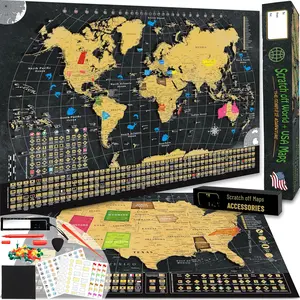 Scratch Off World Map &  Map-Durable 17x24"  Map & World Travel Map with Pins & Accessory Set-Easy to Scratch Off Maps with Colored Details in Name-Tagged  Box for Travelers