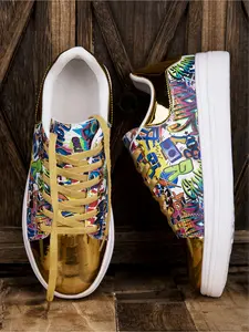 Men's Gold-Surface Graffiti Platform Sneakers, Cool Street Style, Metallic Patent Leather + Cartoon Graffiti + Platform Design, Eye-Catching Style, Unique Personality , Ideal for Daily Commuting & Trendy Wear Scenarios