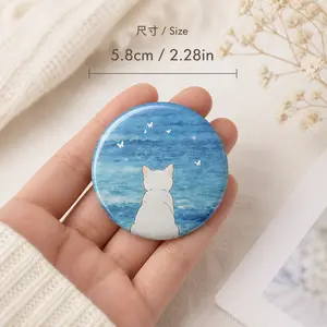 2PCS Cat Ocean Scene Button Pins, Round Art Badge Brooch Set, Blue Sea Cat Back View Pinback Buttons for Backpack Hat Jacket Clothing Decoration