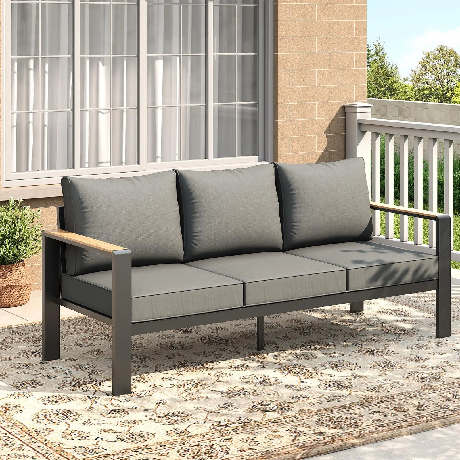 Aluminum Patio Furniture 1 Pcs 3-Seat Outdoor Sofa – All-Weather Metal Modern Sofa with Washable Thick Cushion for Garden, Balcony & Deck, Dark Grey