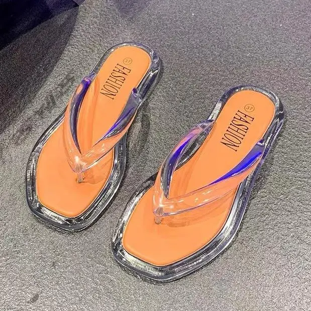 Women's Clear Jelly Flip Flops Square Toe Transparent Thong Sandals Y2K Flat Slippers Summer Beach Pool Vacation Casual Waterproof Slides Minimalist Trendy Aesthetic Footwear
