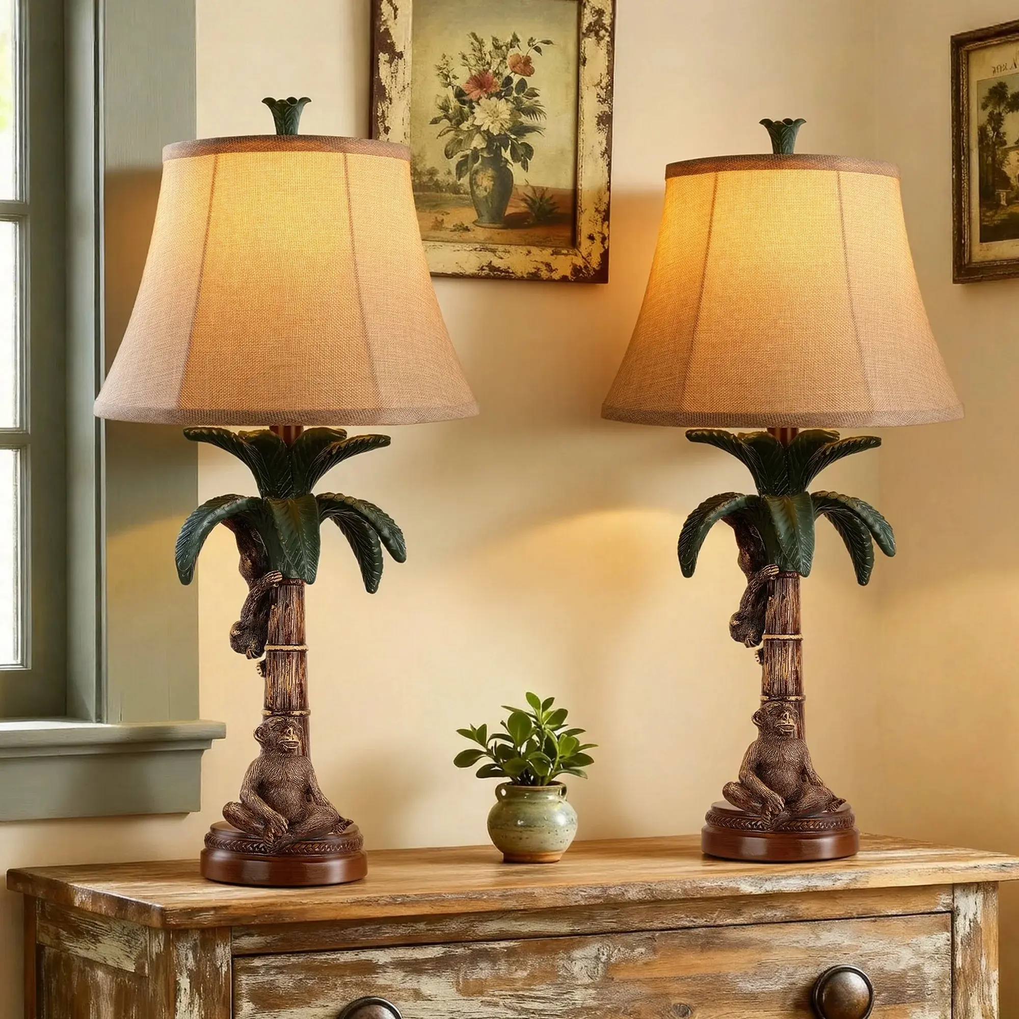 24in Rustic Farmhouse Climbing Monkey Table Lamps Set of 2 for Living Room,Bedroom Accent Tree Nightstand Lamps for Western Country Wood Cottage Christmas Decor