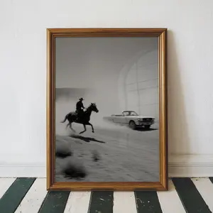 [SALE UP TO 45%] Vintage Cowboy Mustang Racing Poster Wall Art, Retro Black and White Western Convertible Photo, Sports Art Print