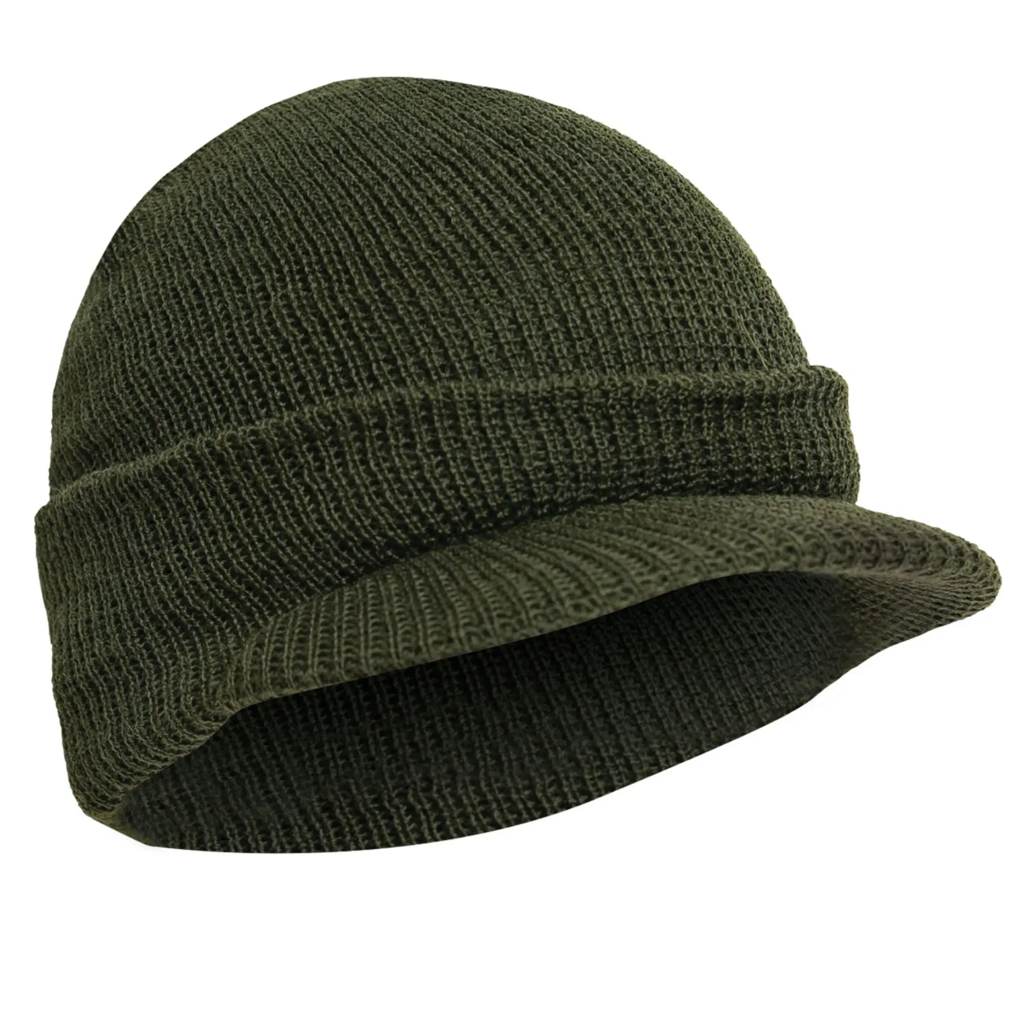 Olive Drab 100% Wool Beanie Jeep Cap - Official US Govt DOD, Classic Design, Double Layer, Brim Visor, Warm for Windy and Cold Weather