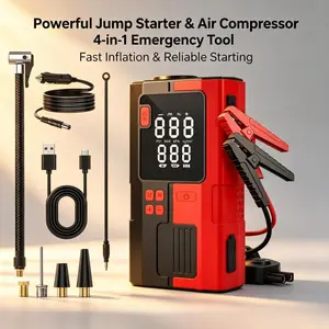 Five-in-one portable car emergency starter, equipped with an air compressor, 12V car battery booster, rapid tire inflator, built-in power bank and LED lighting, compact emergency tool kit