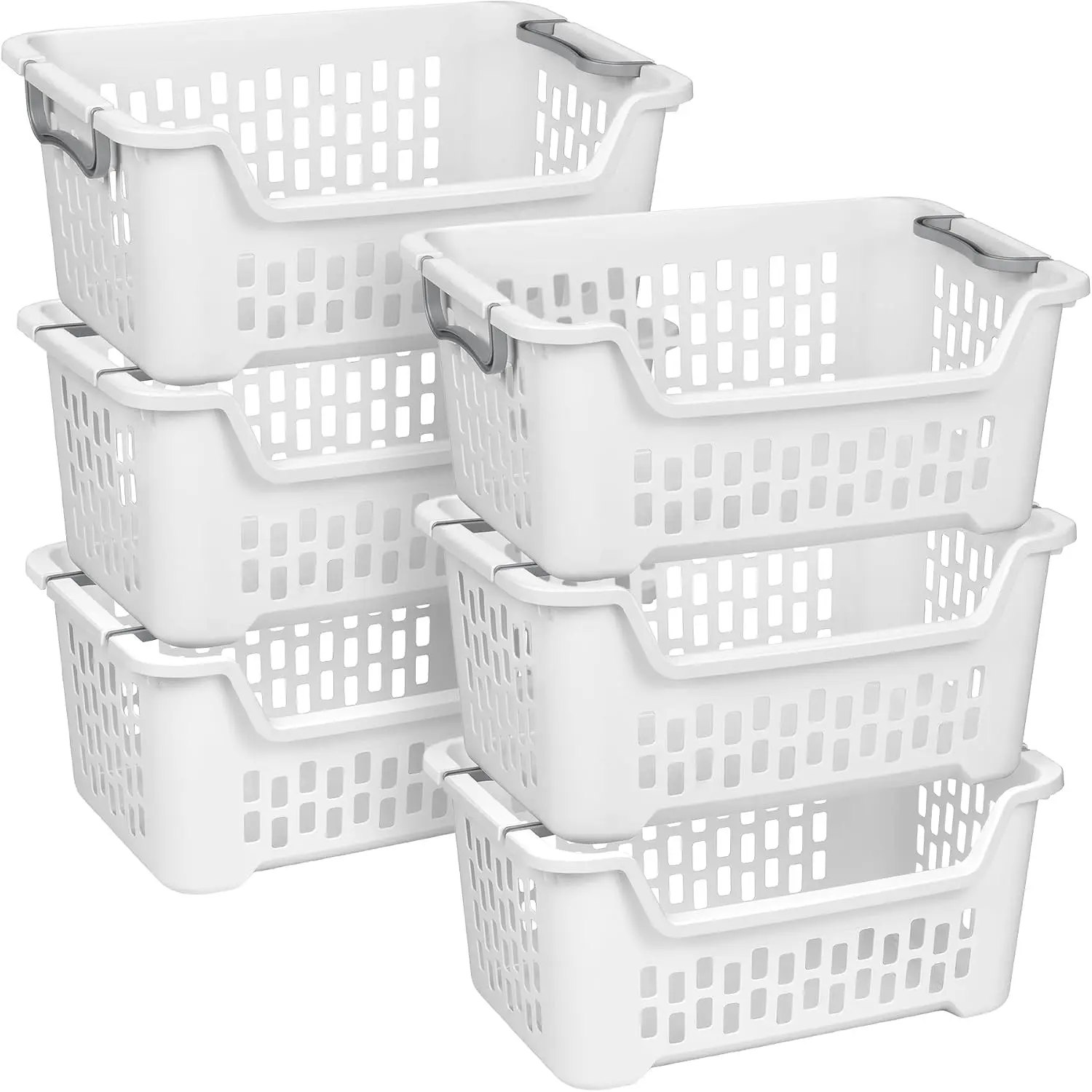 Sterilite Stacking Laundry Basket, Plastic Clothes Hamper, 6 Pack | 2 Bushel, White - Dirty Clothing Storage Organizer with Handles for Bedroom, Bathroom, and Closet