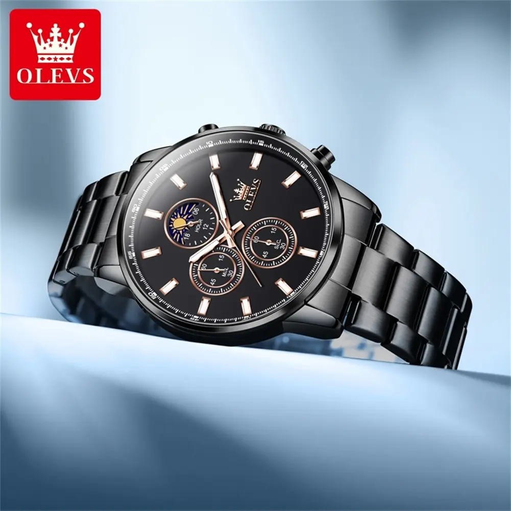 OLEVS Model 2902 Men's Analog Quartz Watch - Black Dial, Round Face, 42.5mm, Chronograph, 30M Splashproof Use, Metal Strap, Business Professionals' Pick, 24-Month Validity, Christmas Gift Option, 24 Months, Trendy Watch, Clasp, Hardlex Glass
