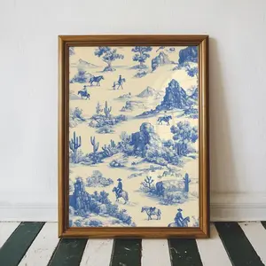[No Frame] Western Landscape Cowboy Art Print, Vintage Blue Chinoiserie Toile Cowboy Art Print, Cowboy Nursery Art Decor