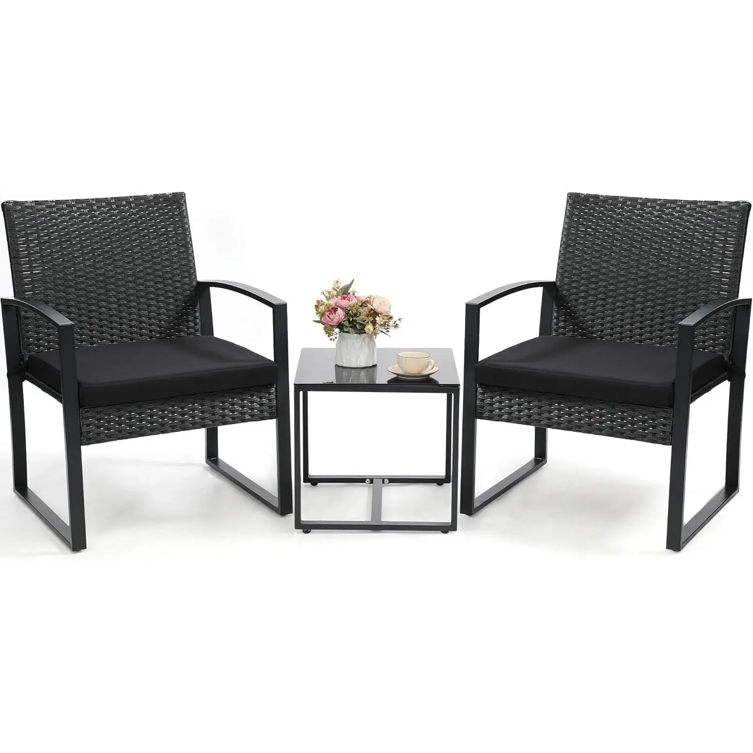 Outdoor 3-Piece Wicker Bistro Set - Patio Conversation Set with 2 Chairs & Coffee Table, Black Frame & Black Cushion for Balcony, Garden, Poolside
