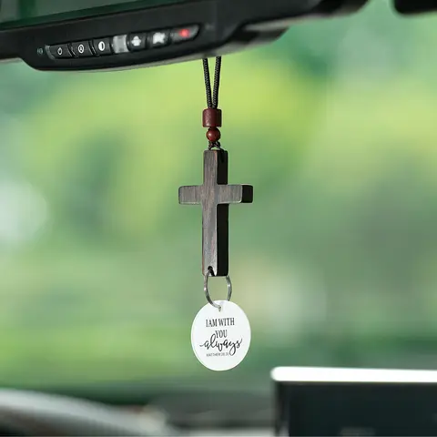 Wooden Cross Bible Verse Tag Car Ornament, NFC or Non-NFC Christian Rearview Mirror Hanger, Universal Automotive Interior Accessory, Gift-Box Ready for Religious Faith Reminder & Holiday Gifting