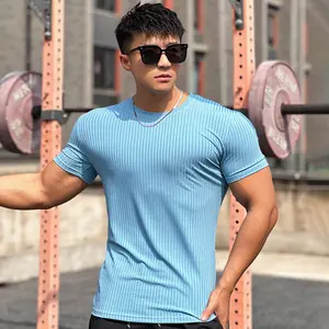 Men's sporty trendy fashion short-sleeve T-shirt New solid color striped pullover base layer