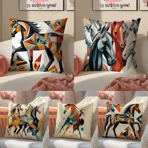 Classic Horse Mural Cool Cushion Cover Vibrant Digital Print Plush Sofa Pillow Cover, Soft Breathable Cushion Case with Hidden Zipper, Machine Washable Summer Cool Throw Pillow, Colorful Home Decor for Living Room Bedroom Gift