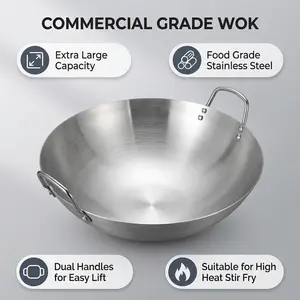 Stainless Steel Wok with Handle, Round Bottom Wok with Lid, Kitchen Cookware for Frying, Cooking, Baking, Kitchen Accessories, Stainless Steel Pans