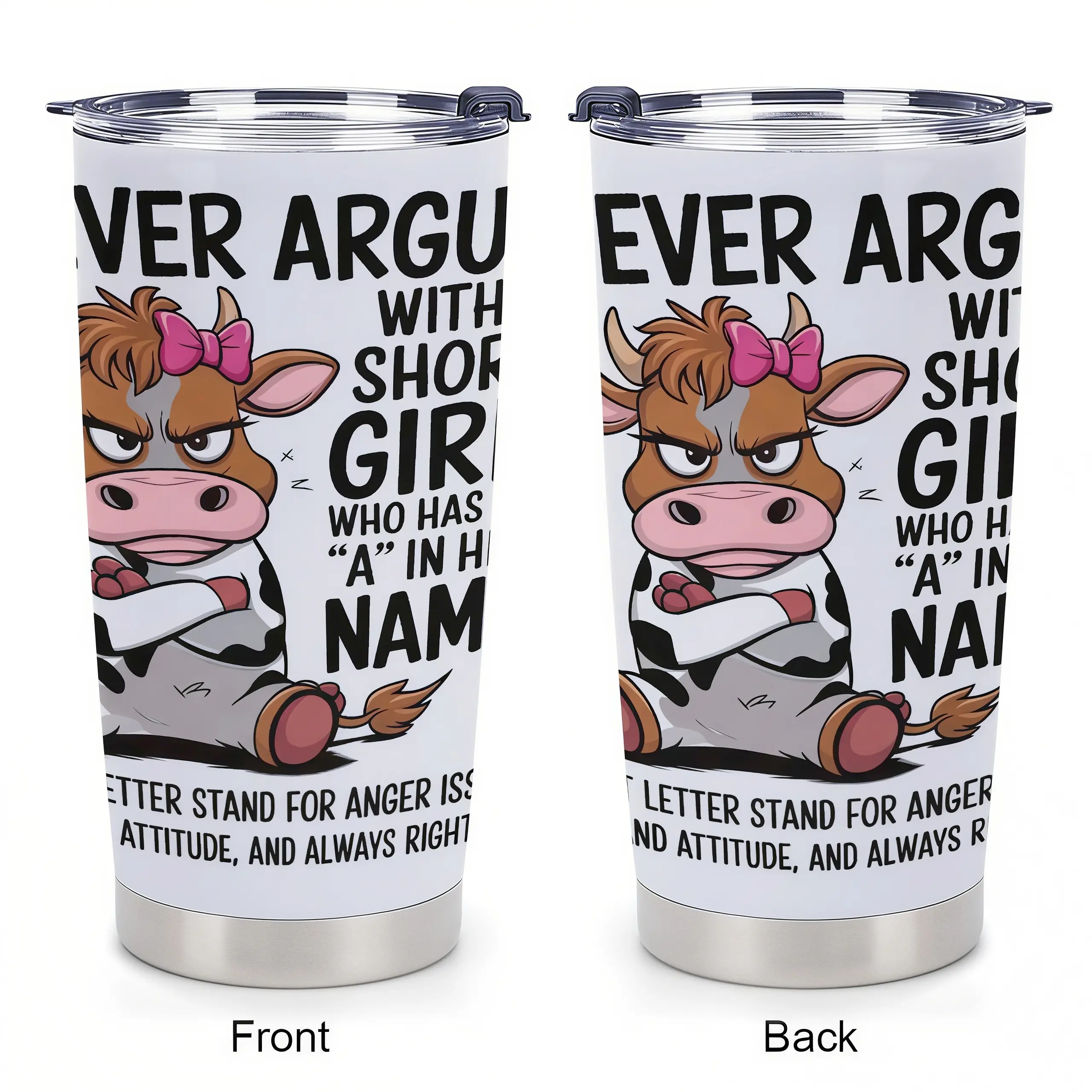 Women's 20oz Insulated Stainless Steel Cow Tumbler - Sarcastic "Short Girl with Attitude" Funny Design - Vacuum Flask Drinkware with Lid for Coffee