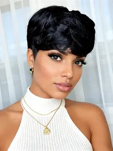 natural black color short curly human hair wig machine made natural black color pixie cut human hair wigs for women daily party cosplay gift use wig Kinky Curly Wig