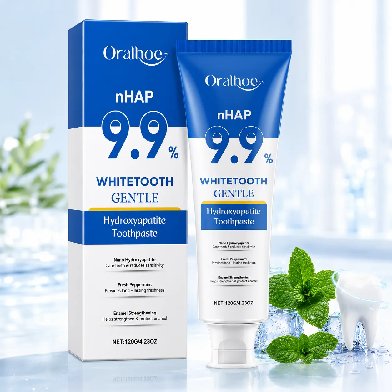 9.9% Nano Hydroxyapatite Toothpaste, Fluoride Free Peppermint Gentle Daily Oral Care Paste, Teeth Stain Remover for Bright Smile, Relief for Sensitive Teeth & Enamel Care, 120g
