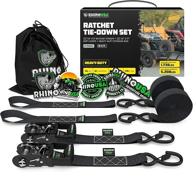 Ratchet Strap Tie Down Kit - Heavy Duty 1.6" x 8' Straps with Padded Handles & Coated Chromoly S Hooks