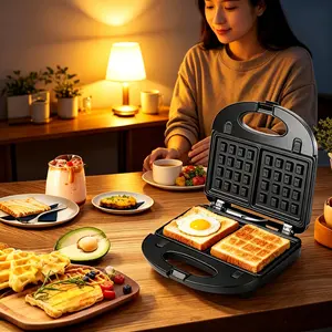 General Household All-in-One Sandwich Machine, Reliable Dual Safety Heating System, Heat-resistant Power Cord & Non-stick Removable Plates, North American Voltage Adaptable Electric Griddle, Popular Kitchen Gadget for Steak Waffle Burger