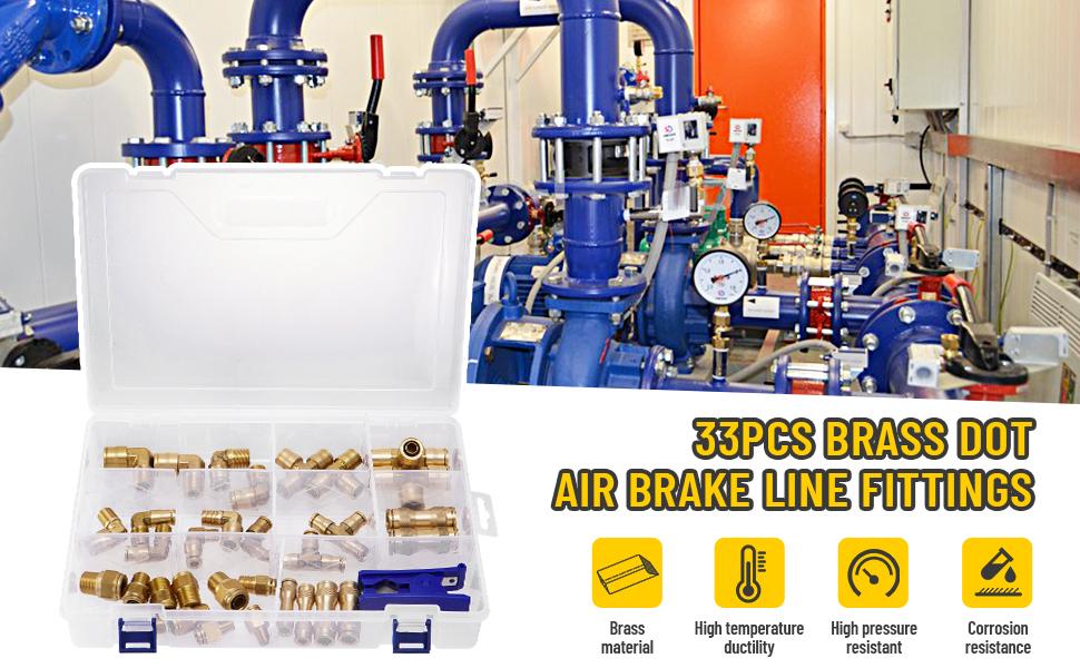 33Pcs Brass DOT Air Brake Line Fittings 1/4"" 3/8"" 1/2"" DOT Air Hose Fittings Push to Quick Connect Fittings Kit for Trucks Trailers Brake System 33Pcs Brass DOT Air Brake Line Fittings 1/4"" 3/8"" 1/2"" DOT Air Hose Fittings Push to Quick Connect Fittings Kit for Trucks Trailers Brake System