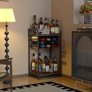 3-Tier Wine Bar Table Small Liquor Bottle Holder with 8-Bottle Wine Rack Mini Wine Bar Cabinet Corner Whiskey Display Shelf Floor Liquor Storage Bar for Home Living Room