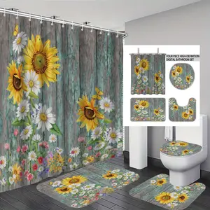 4Pcs Spring Sunflower Shower Curtain Set with Non Slip Rugs, Toilet Lid Cover and U-Shape Bath Mat,  Bathroom Decor Rural Wooden Bathroom Set,SunflowerShower Curtains with 12 Hooks
