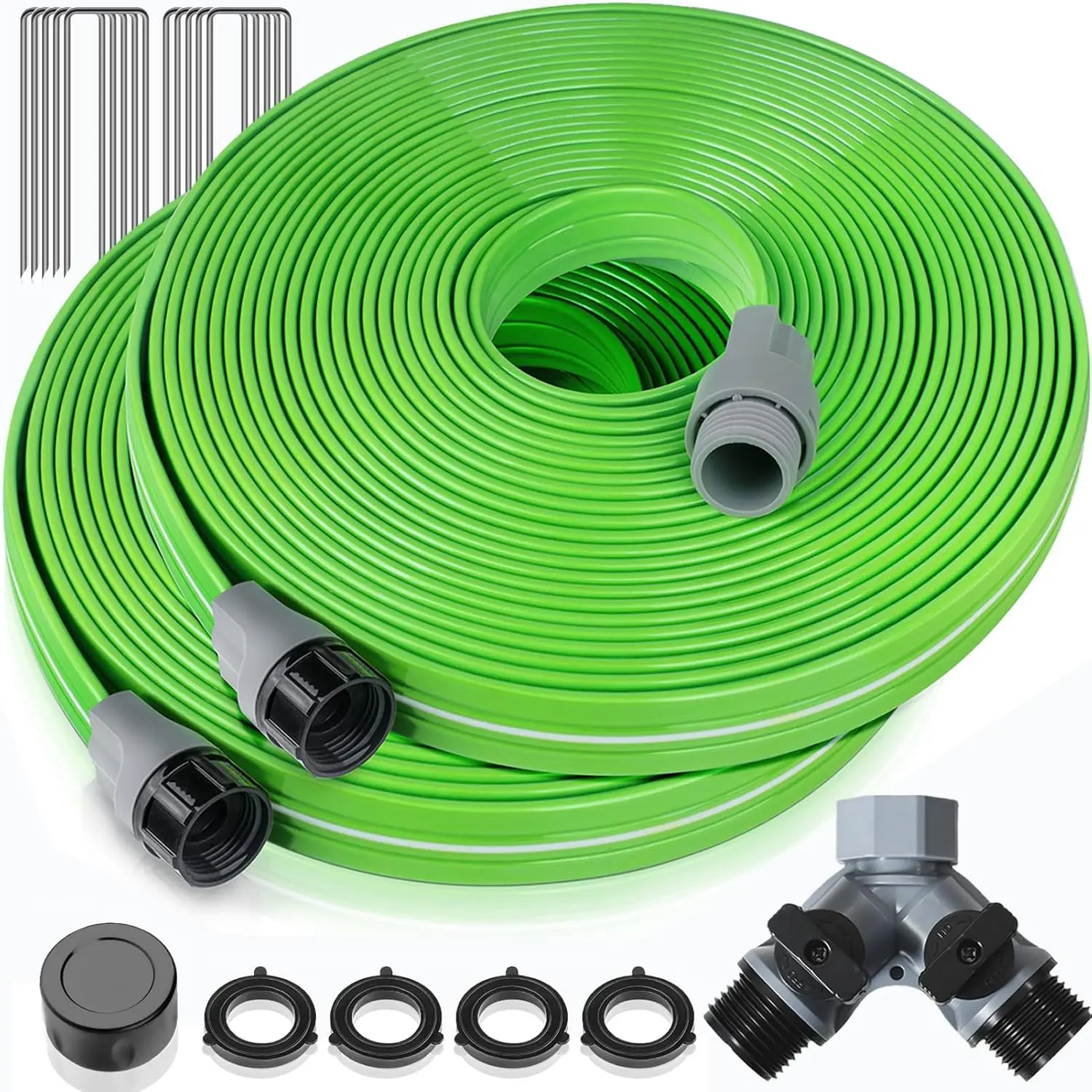 Heavy Duty Sprinkler Soaker Hose 50 FT (25FT x 2Pack) | Flat Garden Hose with Holes, Efficient Flexible Irrigation Hose for Yard, Lawn and Garden, Includes Stake