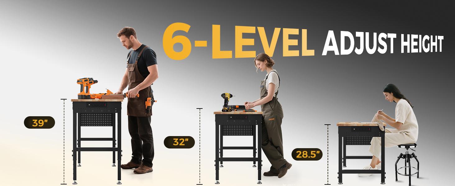 CAMMOO 47.64" Adjustable Heavy Duty Workbench, 2000 LBS Load Capacity Rubber Wood Work Table with Pegboard, Power Outlets, Work Bench for Garage, Workshop, Office, Home, Commercial