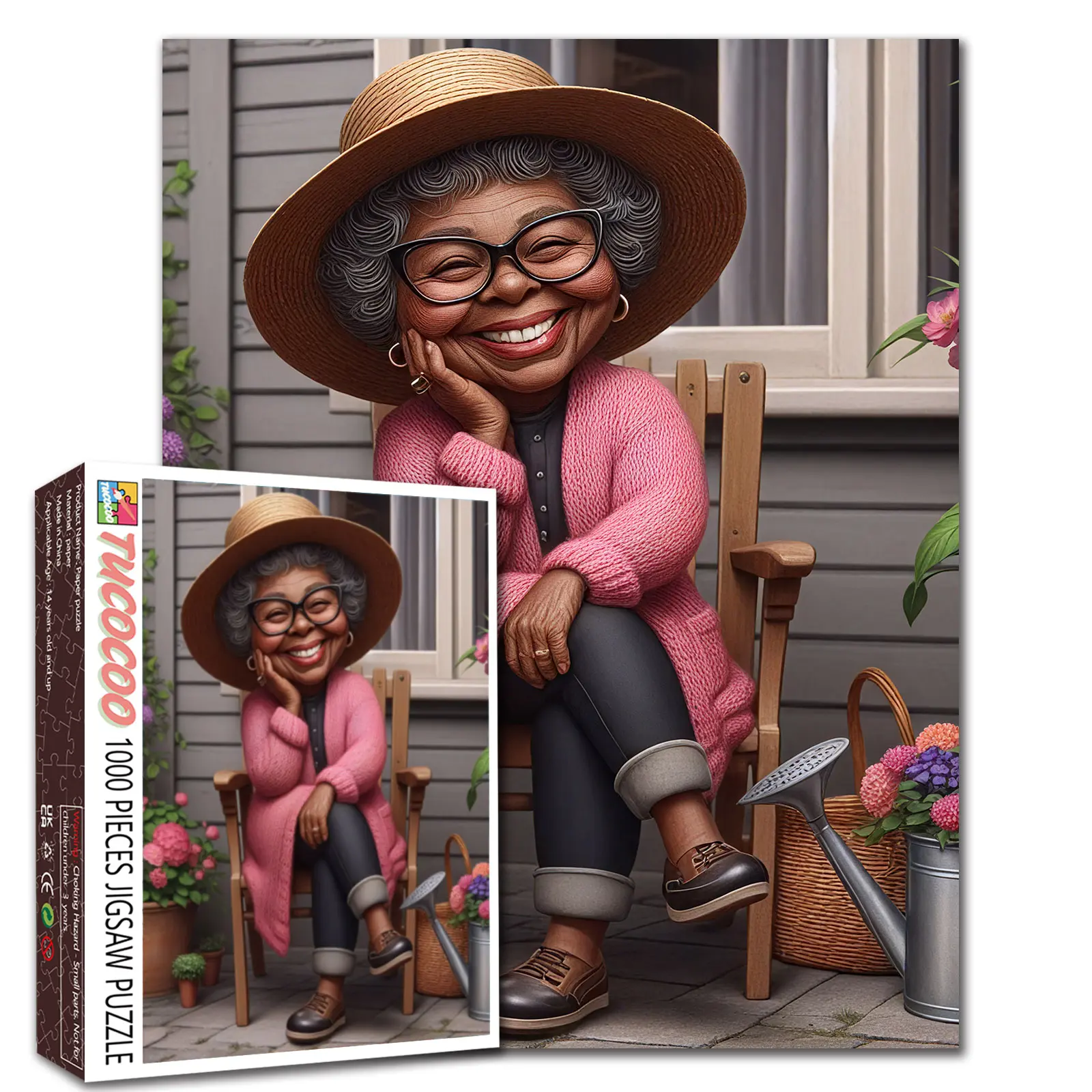 Tucocoo Smiling Grandma Garden Portrait 1000-Piece Interlocking Jigsaw Puzzle, Heartwarming Art, Relaxing Family Bonding Game, Stress Relief Brain Challenge, Cozy Home Decor, Mom-Day Gift Ready, 27.5x20in (70x50cm) for Adults, Interlocking Piece Jigsaw Pu