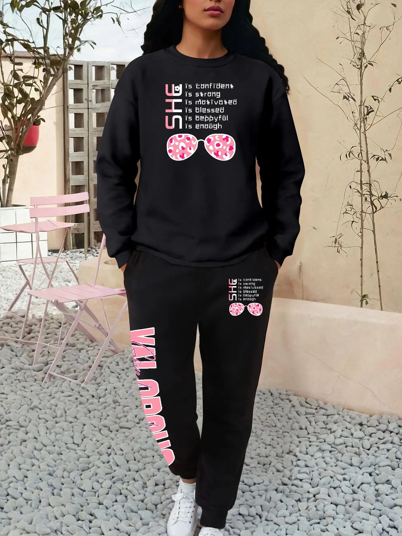 Women's Letter Print Drop Shoulder Sweatshirt & Pocket Sweatpants Sports Two-piece Set, Casual Fashion Cozy Round Neck Long Sleeve Pullover & Jogger Pants for Daily Workout Running, Ladies Fall & Winter Sports Clothes, Athletic Activewear Tracksuits