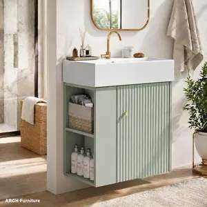 21.6 in Modern Floating Bathroom Vanity with Ceramic Basin, MDF Cabinets, Left-Side Storage - Compact Dresser Ideal for Small Bathrooms WL RR
