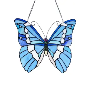 1P624-BL14BFY RADIANCE goods Butterfly Tiffany-Style Stained Glass Window Panel 14" Wide