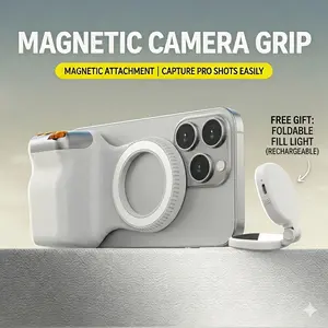 Magnetic DSLR-Style Phone Camera Grip with Detachable Bluetooth Shutter & Fill Light Kit (All-in-One Travel Set, Battery Powered Remote)